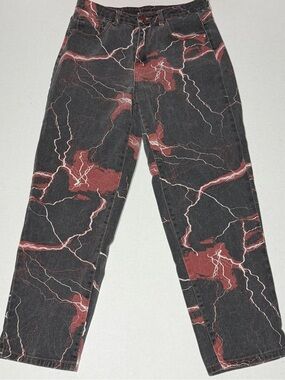 SHEIN Black And Red Straight Leg Jeans with lightning design